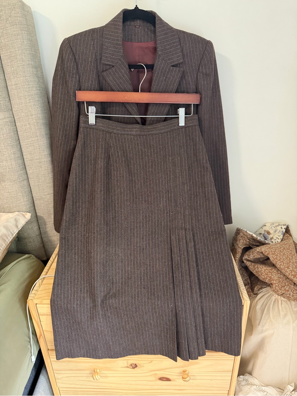 Women's Brown Pinstripe Pleated Skirt - Classic Office Style